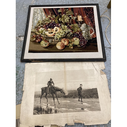 1074 - A GROUP OF UNFRAMED PRINTS AND ENGRAVINGS TO INCLUDE STILL LIFE EMBROIDERY