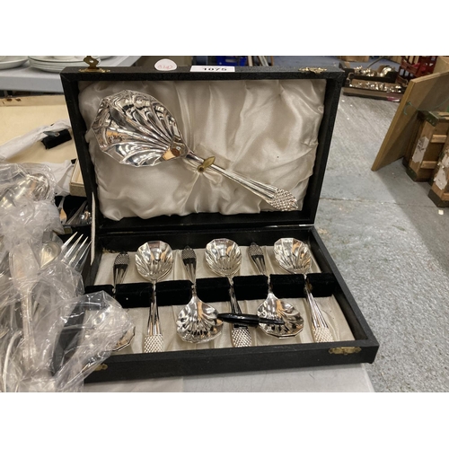 1075 - A GROUP OF SILVER PLATED FLATWARE, CASED ITEMS ETC