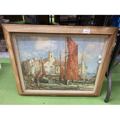 1079 - A LARGE GILT FRAMED PRINT OF A BOATING SCENE, UNSIGNED