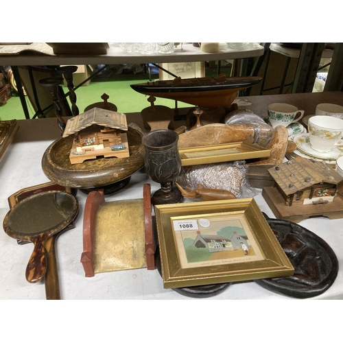 1088 - A MIXED LOT OF WOODEN AND TREEN ITEMS, BOWLS, BOAT MODEL ETC