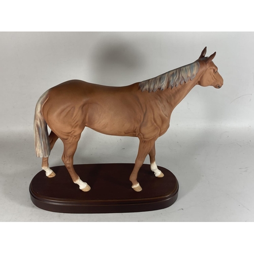 750 - A ROYAL DOULTON MATT CERAMIC MODEL OF DERBY WINNING RACEHORSE GRUNDY ON WOODEN PLINTH BASE