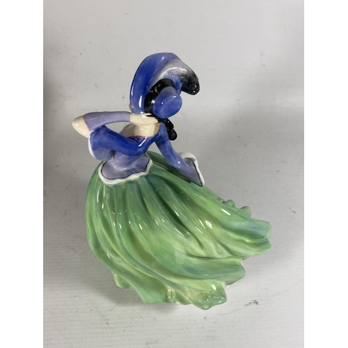 760 - A ROYAL DOUTON AUTUMN BREEZES FIGURE PAINTED IN GREEN AND BLUE