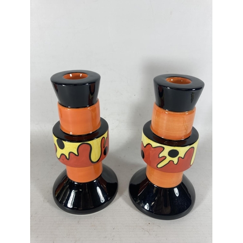 772 - A PAIR OF  HANDPAINTED AND SIGNED LORNA BAILEY CANDLESTICKS LAVA PATTERN