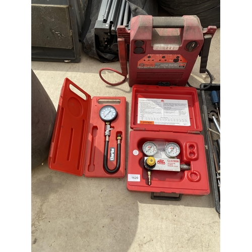 A BOXED MAC TOOLS DIFFERENTIAL CYLINDER PRESSURE TESTER, A BATTERY JUMP