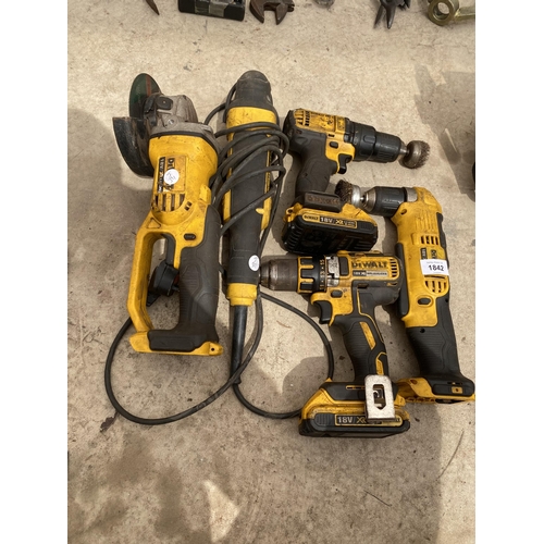 1842 - VARIOUS DEWALT POWER TOOLS TO INCLUDE TWO BATTERY DRILLS, A GRINDER AND A MULTITOOL ETC