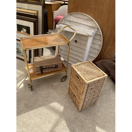 1850 - A METAL WARE TEA TROLLEY AND TWO WICKER STORAGE ITEMS