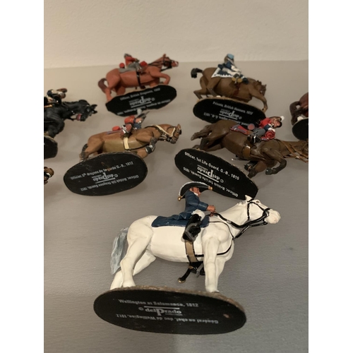 251 - ELEVEN DEL PRADO DIE CAST NAPOLIONIC ERA FIGURES OF BRITISH SOLDIERS ON HORSEBACK TO INCLUDE WELLING... 