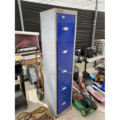 2068 - A FIVE SECTION LOCKER UNIT COMPLETE WITH AN ASSORTMENT OF TOOLS AND HARDWARE ETC