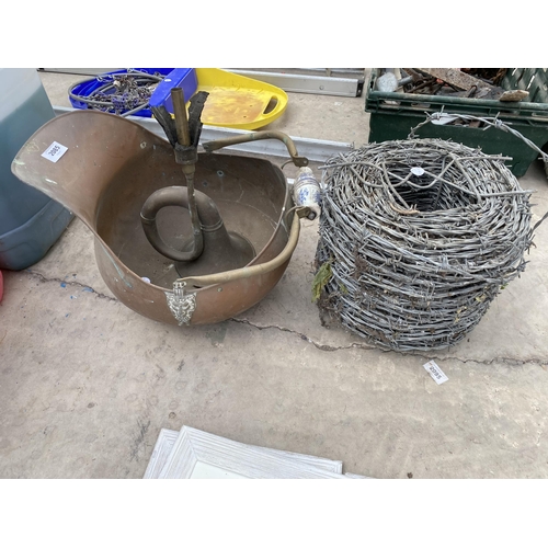 2085 - A COPPER COAL BUCKET, HORN AND A ROLL OF BARBWIRE