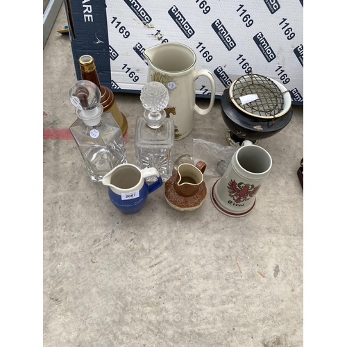 2087 - AN ASSORTMENT OF ITEMS TO INCLUDE GLASS DECANTORS AND CERAMIC JUGS ETC