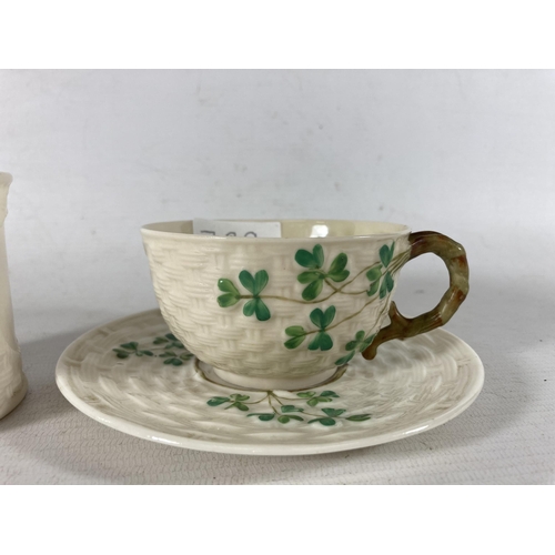 789 - A FINE VINTAGE PORCELAIN BELLEEK CUP AND SAUCER TOGETHER WITH COFFEE MUG SHAMROCK PATTERN