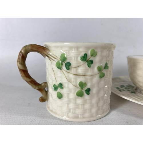 789 - A FINE VINTAGE PORCELAIN BELLEEK CUP AND SAUCER TOGETHER WITH COFFEE MUG SHAMROCK PATTERN