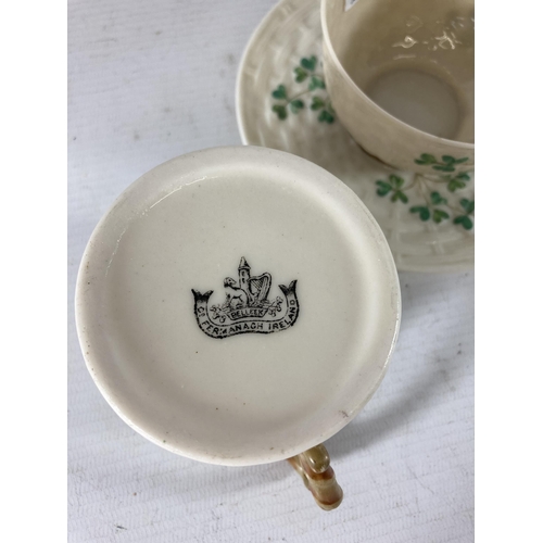 789 - A FINE VINTAGE PORCELAIN BELLEEK CUP AND SAUCER TOGETHER WITH COFFEE MUG SHAMROCK PATTERN