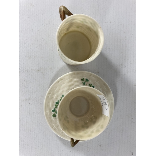 789 - A FINE VINTAGE PORCELAIN BELLEEK CUP AND SAUCER TOGETHER WITH COFFEE MUG SHAMROCK PATTERN