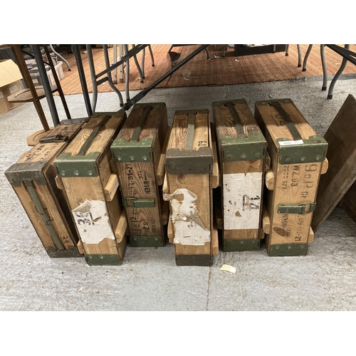 855 - A QUANTITY OF MILITARY WOODEN BOXES WITH METAL BANDING, POSSIBLY FOR RADIOS