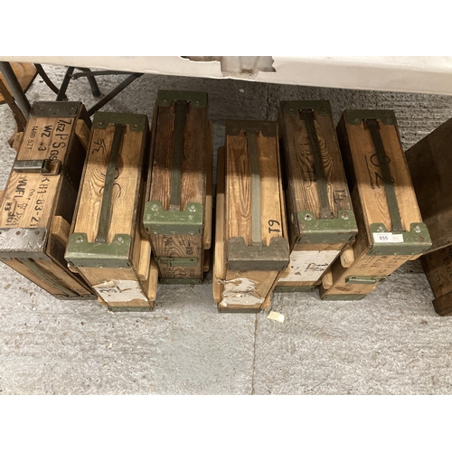 855 - A QUANTITY OF MILITARY WOODEN BOXES WITH METAL BANDING, POSSIBLY FOR RADIOS