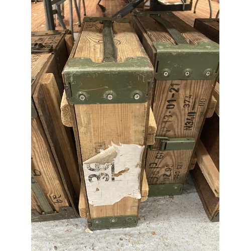 855 - A QUANTITY OF MILITARY WOODEN BOXES WITH METAL BANDING, POSSIBLY FOR RADIOS