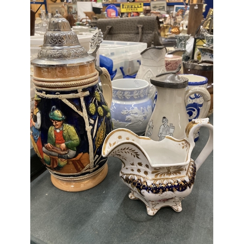 864 - A QUANTITY OF VICTORIAN AND VINTAGE JUGS TO INCLUDE ROYAL DOULTON, MASON'S, ETC