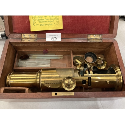 875 - A VINTAGE BRASS MICROSCOPE IN A MAHOGANY BOX, MIRANDA TRIPOD, MAGNIFYING GLASSES, ETC