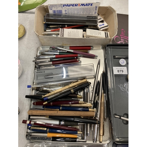 879 - A LARGE QUANTITY OF PENS TO INCLUDE FOUNTAIN AND CARTRIDGE, BALL POINT, ETC, BRANDS INCLUDE PARKER, ... 