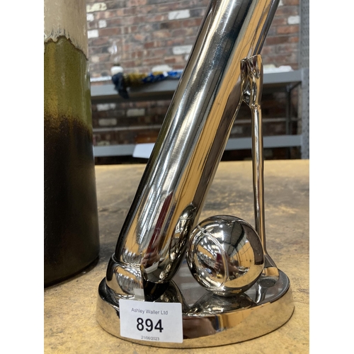 894 - A CHROME BASEBALL BAT AND BALL ON A STAND