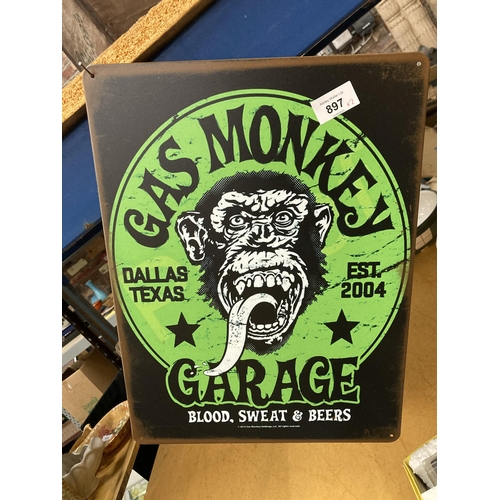 897 - TWO GAS MONKEY TIN PLATE SIGNS 30CM X 40CM