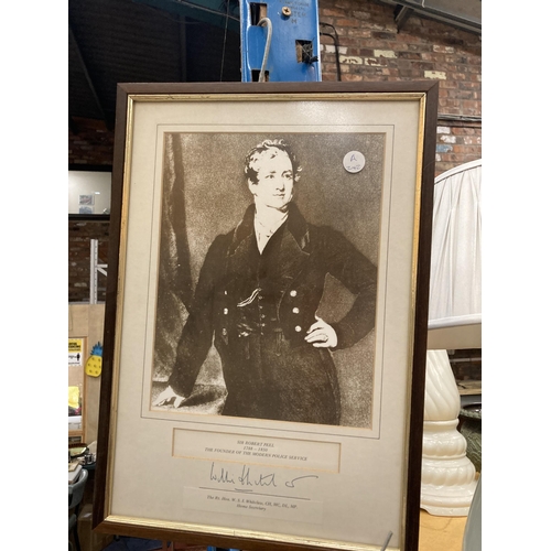 907 - TWO FRAMED PHOTOGRAPHIC PRINTS - SIR ROBERT PEEL SIGNED BY WILLIAM WHITELAW M. P. AND SGT. NEHEMIAH ... 