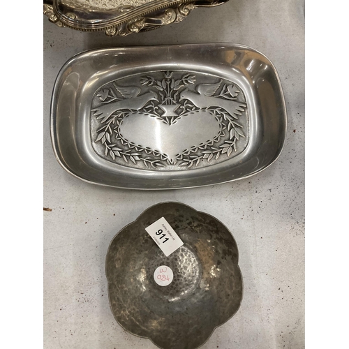 911 - A SILVER PLATED BASKET BOWL WITH HANDLE, LOVE BIRDS TRAY AND A PEWTER BOWL