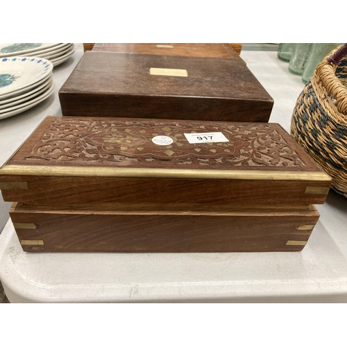 917 - FOUR VINTAGE WOODEN BOXES TO INCLUDE CARVED AND INLAID PLUS A LARGE CASH TIN