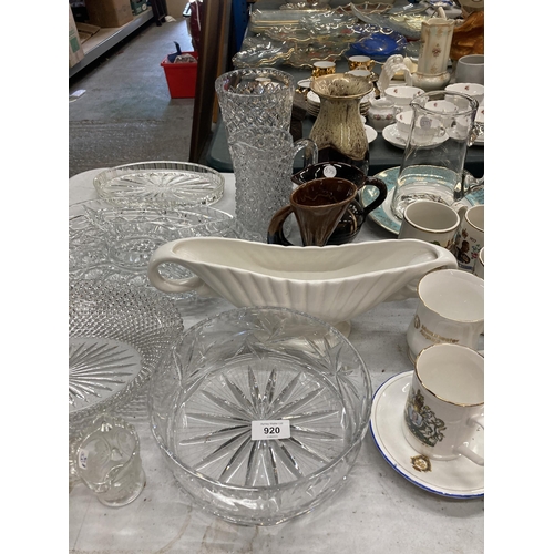 920 - A LARGE MIXED LOT TO INCLUDE GLASS VASES, NIBBLES TRAYS, STUDIO POTTERY JUG AND VASES, AN ARTHUR WOO... 