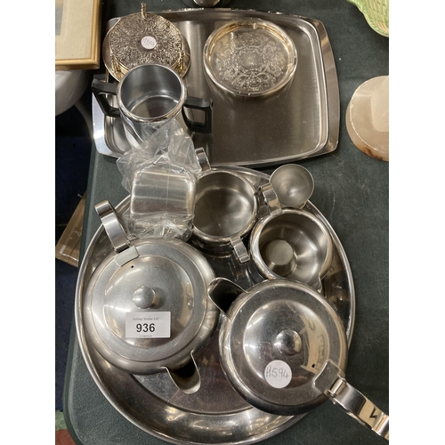 936 - A LARGE QUANTITY OF STAINLESS STEEL TO INCLUDE TRAYS, TEAPOTS, HOT WATER JUGS, CREM JUGS, SUGAR BASI... 