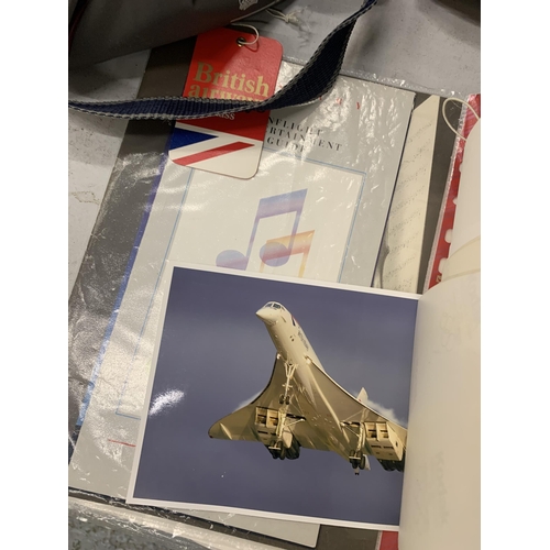 943 - A QUANTITY OF CONCORDE EPHEMERA TO INCLUDE PHOTOGRAPHS, A TIE, FLIGHT CERTIFICATE, HOLDALL, ETC