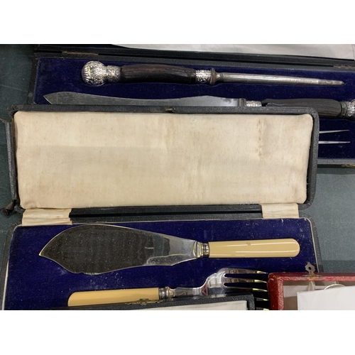 947 - FOUR VINTAGE BOXES OF FLATWARE TO INCLUDE A CARVING SET, FISH SERVING SET, TEASPOONS WITH SUGAR TONG... 