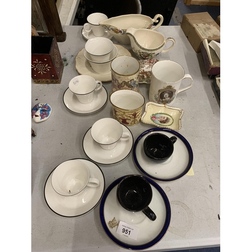 951 - A QUANTITY OF VINTAGE CUPS AND SAUCERS, TO INCLUDE ROYAL COMMEMORATIVE, HALCYON DAYS POTS, JUGS, ETC