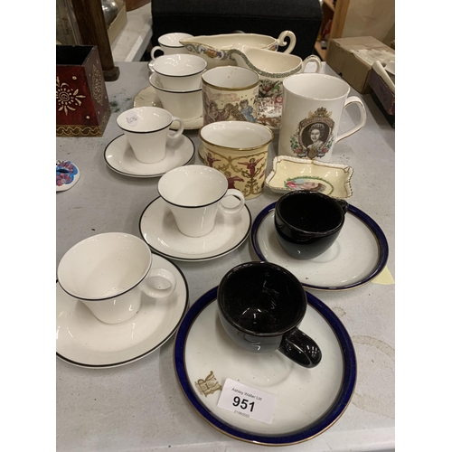 951 - A QUANTITY OF VINTAGE CUPS AND SAUCERS, TO INCLUDE ROYAL COMMEMORATIVE, HALCYON DAYS POTS, JUGS, ETC