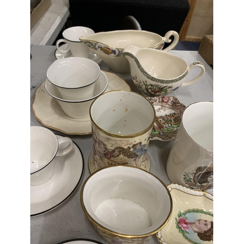 951 - A QUANTITY OF VINTAGE CUPS AND SAUCERS, TO INCLUDE ROYAL COMMEMORATIVE, HALCYON DAYS POTS, JUGS, ETC