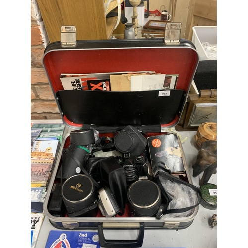 955 - A NIKON CAMERA, PENTAX ESPIO 738, CANON SURESHOT, PENTAX ASAHI, PLUS CASED LENSES, A HARD CARRYING C... 