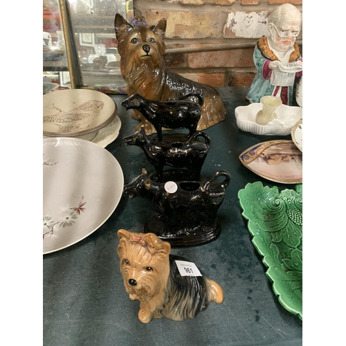 961 - A LARGE YORKSHIRE TERRIER AND A SMALLER SYLVAC ONE, PLUS 3 VINTAGE COW CREAMERS - MISSING LIDS