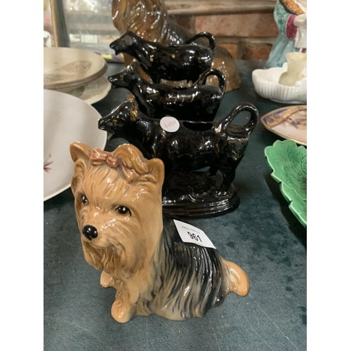 961 - A LARGE YORKSHIRE TERRIER AND A SMALLER SYLVAC ONE, PLUS 3 VINTAGE COW CREAMERS - MISSING LIDS