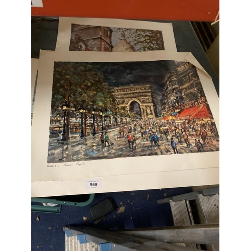 969 - THREE UNFRAMED PRINTS OF PARIS, THE CHAMPS ELYSEES, PLACE DU TERTRE AND THE EIFFEL TOWER