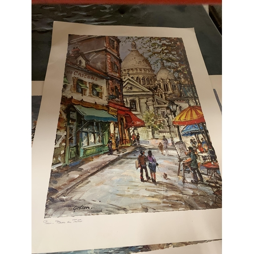 969 - THREE UNFRAMED PRINTS OF PARIS, THE CHAMPS ELYSEES, PLACE DU TERTRE AND THE EIFFEL TOWER