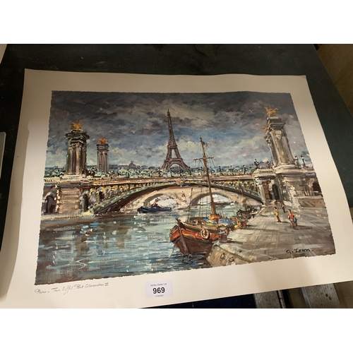 969 - THREE UNFRAMED PRINTS OF PARIS, THE CHAMPS ELYSEES, PLACE DU TERTRE AND THE EIFFEL TOWER