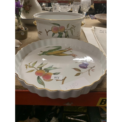 973 - TWO LARGE PIECES OF ROYAL WORCESTER 'EVESHAM' DINNERWARE TO INCLUDE A SERVING TUREEN AND A FLAN CASE