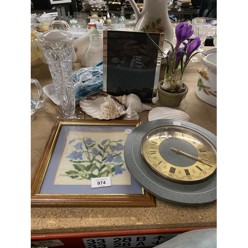 974 - A MIXED LOT TO INCLUDE A SLATE CLOCK, SHELLS, A FRAMED CROSS STITCH, PHOTO FRAME, CUTLERY, VASE, ETC