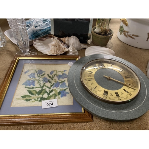 974 - A MIXED LOT TO INCLUDE A SLATE CLOCK, SHELLS, A FRAMED CROSS STITCH, PHOTO FRAME, CUTLERY, VASE, ETC