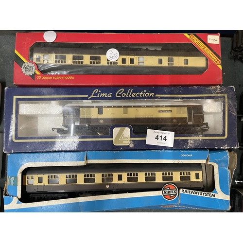 414 - THREE 00 GAUGE PASSENGER COACHES TO INCLUDE A HORNBY L.M.S. COACH FULL THIRD MODEL NO. R 935, AIRFIX... 