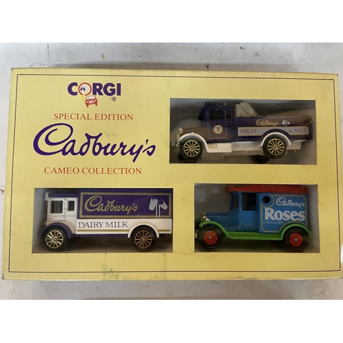 444 - THREE BOXED CORGI SETS OF THREE VANS - ONE HAMLEYS, TWO CADBURYS