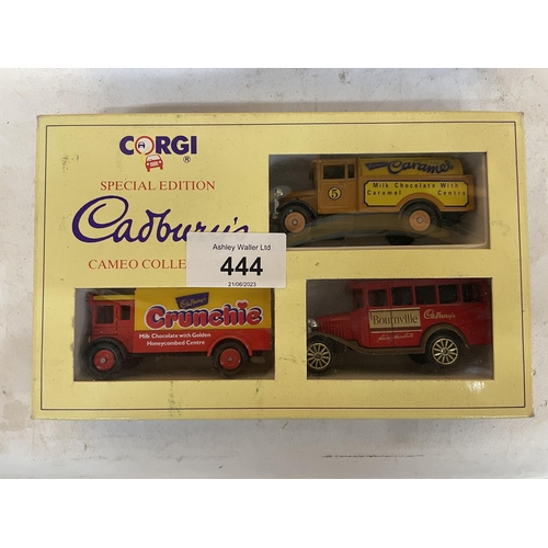 444 - THREE BOXED CORGI SETS OF THREE VANS - ONE HAMLEYS, TWO CADBURYS