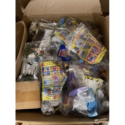 482 - TWO SMALL BOXES OF ASSORTED TOYS, TROLLS, SMURFS AND TOY STORY