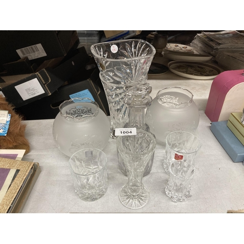 1004 - A PAIR OF VINTAGE OIL LAMP SHADES, A HEAVY CUT GLASS SHADE, DECANTER, GLASSES, ETC